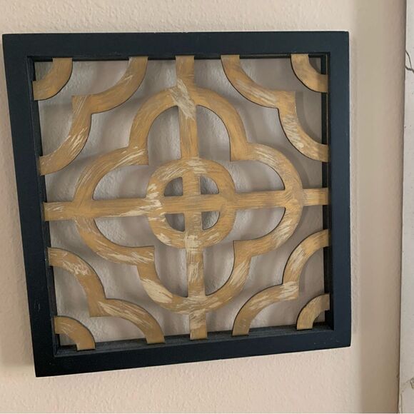 Set of 2 Square Wood Ornate Wall‎ Decor Hanging Black Gold Carvings - Picture 2 of 7